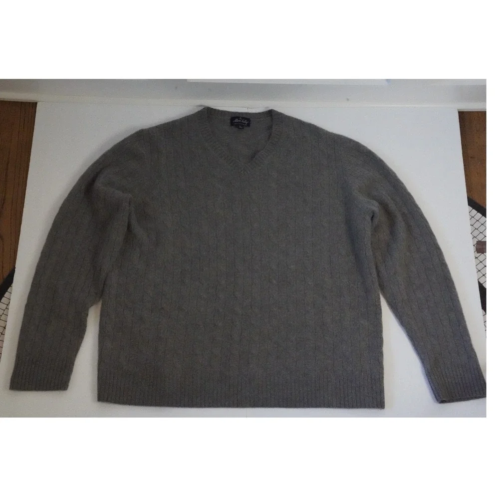 Allen Solly, Men's XXL Gray Cable Knit V-Neck‎ 100% Cashmere Sweater